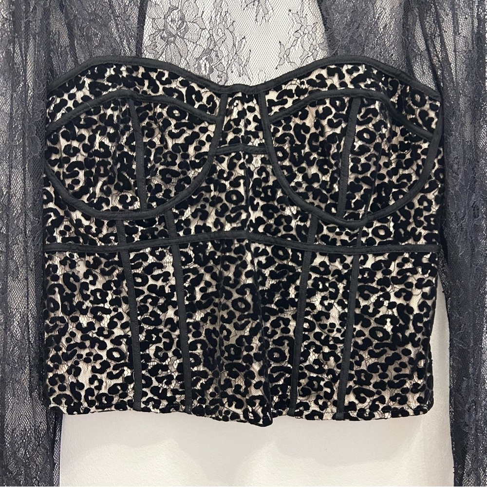 Free People Black Lace Leopard Mesh Long-Sleeve Bodysuit - Picture 6 of 16